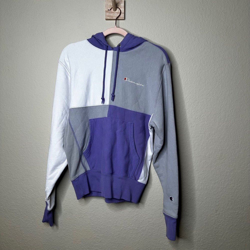 Champion Reverse Weave Colorblock Hoodie Purple Grey White Small